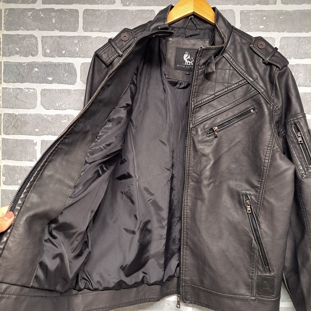 David Outerwear Mens PU Leather Black Full Zip Pockets Jacket Size Large - Picture 14 of 15